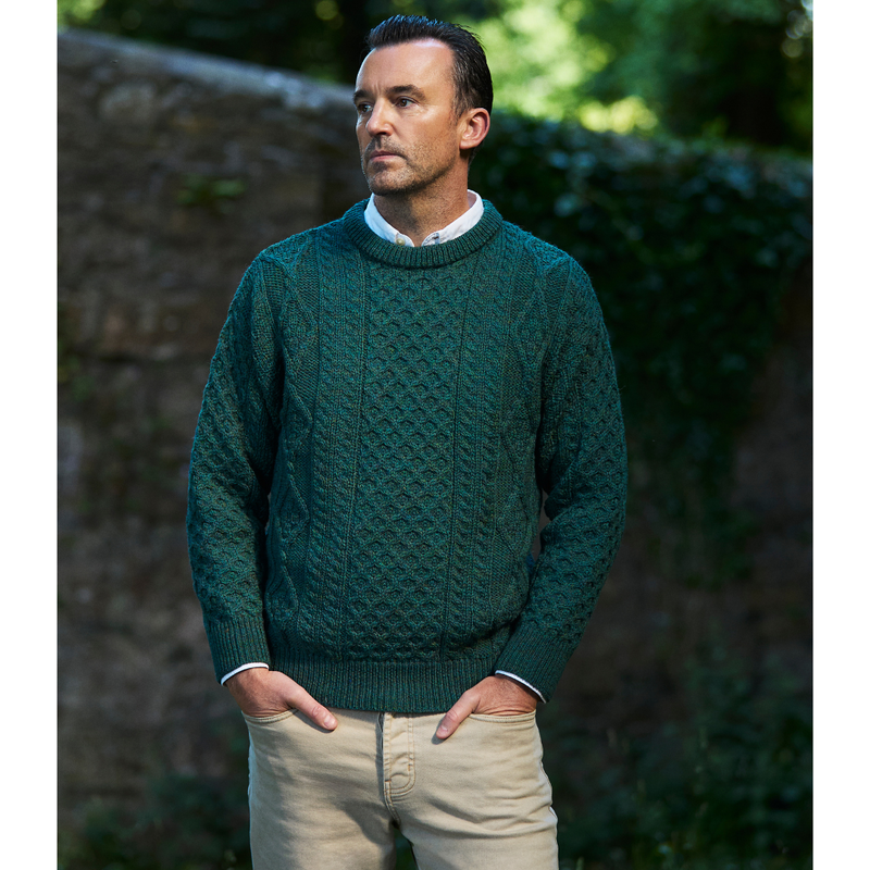 Aran Cable Knit Crew Neck Wool Sweater - Moss Green